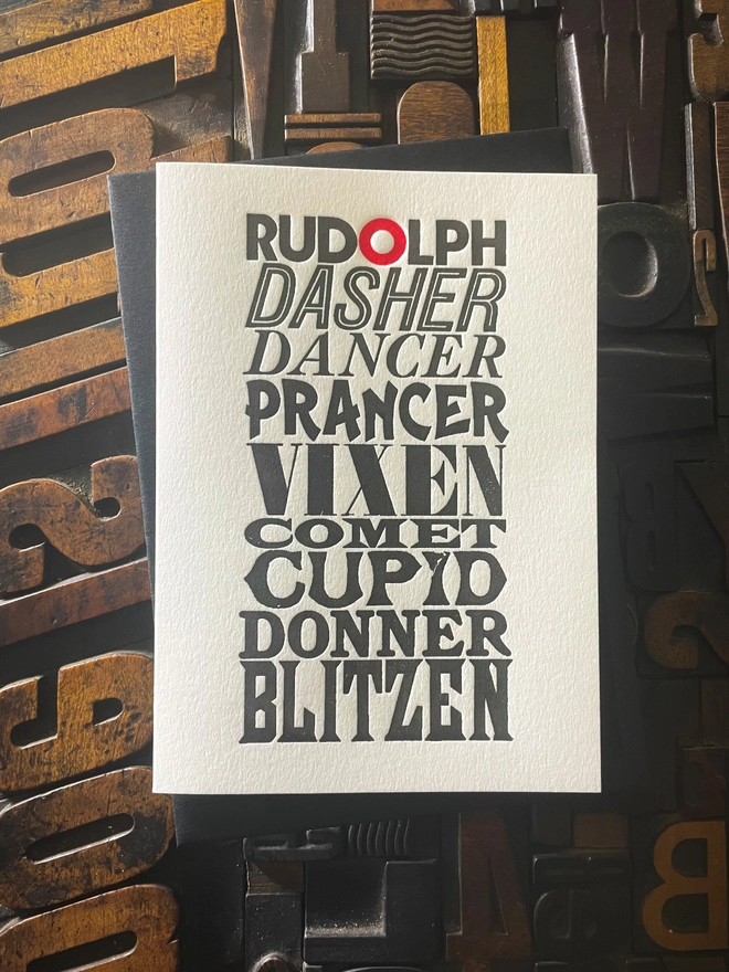 Nine reindeer. Nine typefaces. One magical flight. A typographic tribute to Santa’s reindeer, printed with care in classic letterpress tradition. XMAS For all you typographers out there, A pack of these beautiful typographic letterpress Christmas cards. Printed with rich inks with luxury matching and contrasting envelopes; ideal to send to your designer friends at the festive season. Hand printed on "Mary"; my vintage treadle Arab platen. 