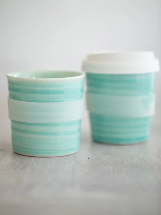 Two Sea-Green Ombre Ceramic Travel Cup With Silicon Lids.