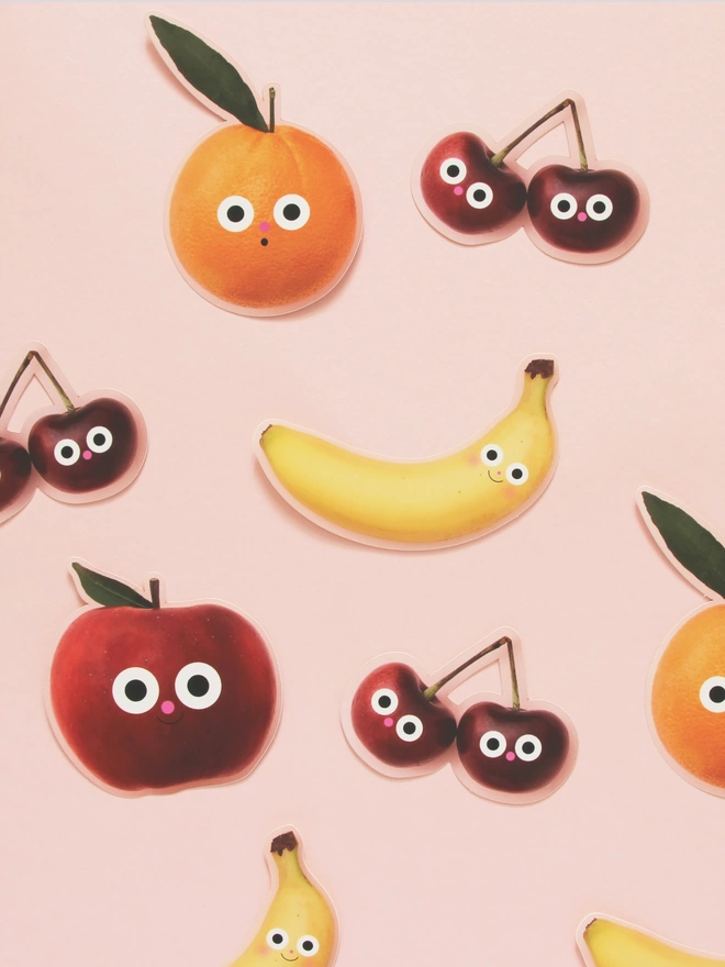 Fruit vinyl stickers. Each pack Includes a Banana, Red apple, Orange & a pair of cherries