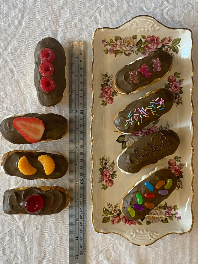 Fake food chocolate eclairs