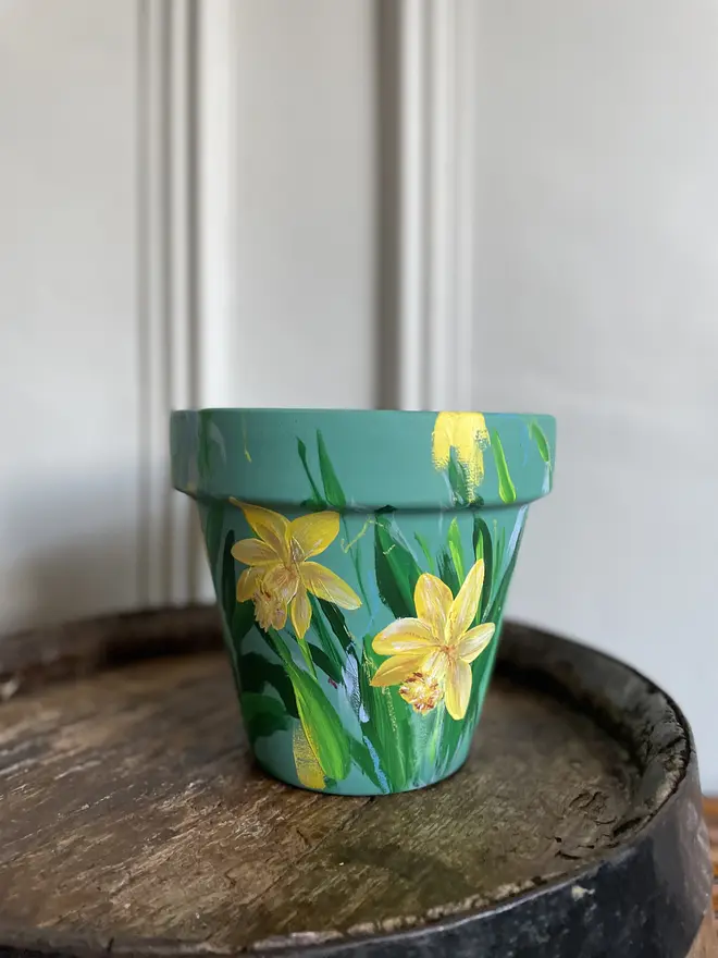  Daffodil Collection Floral Hand Painted Plant Pot blue green background with vibrant yellow daffodils 