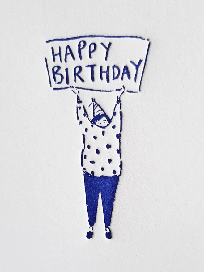 'Happy Birthday' Letterpress Handprinted Greetings Card, a white happy birthday card with a blue design. 