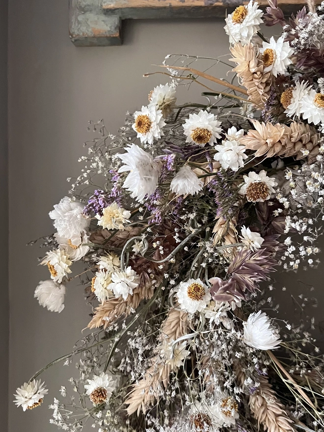 Winter White Daisy wreath made with dried seasonal flowers