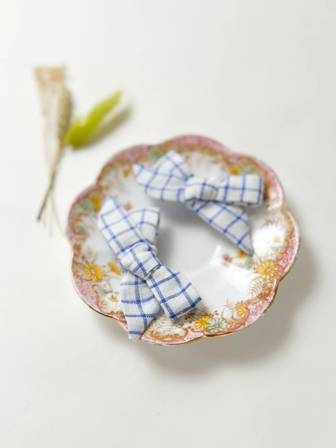 Set of Two Hair Bows In Blue Check Linen
