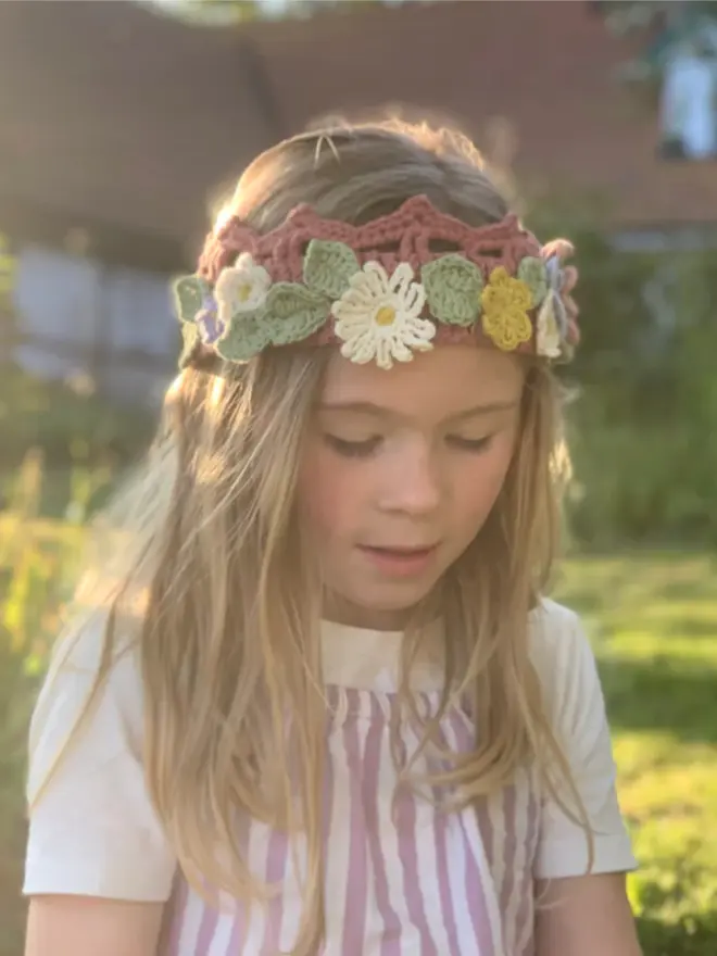 Child wearing Midsummer Solstice Flower Crown sold as a Crochet Kit