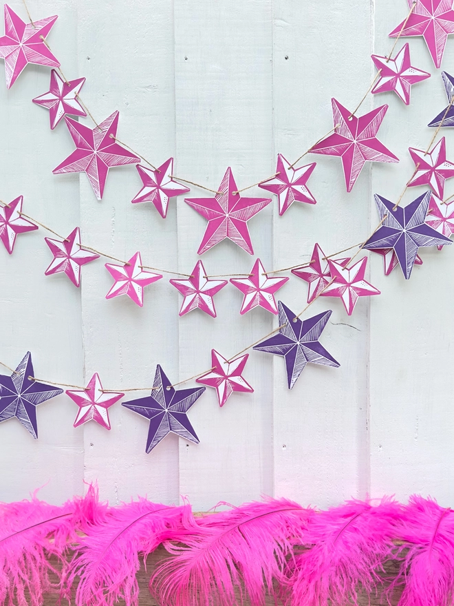 Bright Stars Hand Printed Linocut Garland Purple & Pink