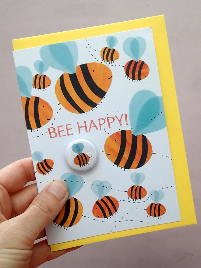 Bee happy friendship  pin badge greeting card
