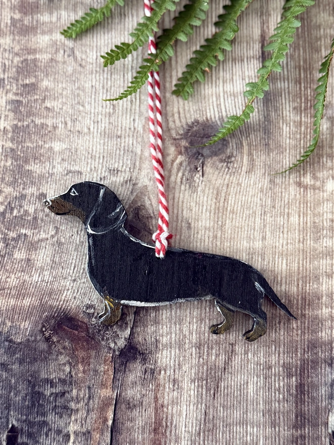 Smooth - haired Wooden dachshund Christmas Decoration hung with red and white twine 