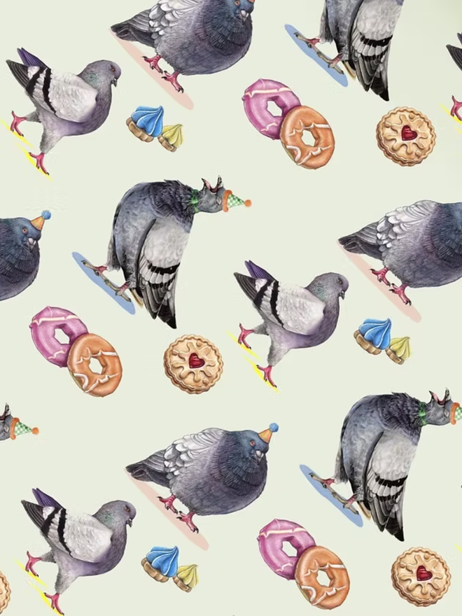 illustrated pigeons and biscuits wrapping paper sheet. a sheet of cream gift wrap featuring illustrated pigeons and biscuits.