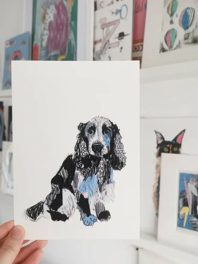 custom illustrated pet portrait. drawn portrait of cocker spaniel on white background.