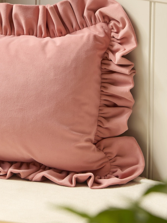 Handmade ruffled velvet lumbar cushion 50x35cm with feather pad, coral, Kika Bespoke