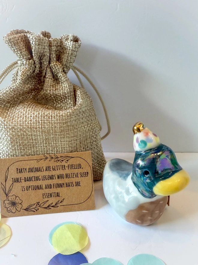 Handmade Porcelain Duck Cake Topper With Party Hat 