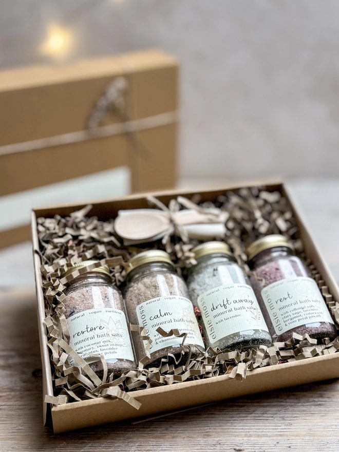 mini bath salts in glass jars gift set, presented in a lidded kraft box 4