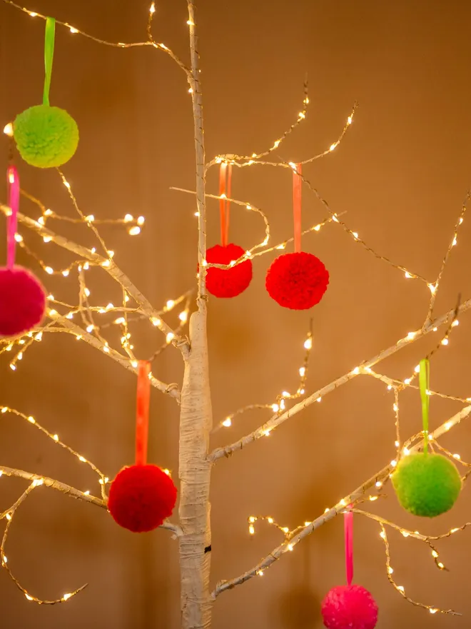 Neon Pom Pom Christmas Baubles set of 6 