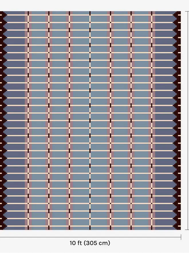 Corbie Flatweave Rug, a colourful rug sitting on a white plain surface with dimensions. 