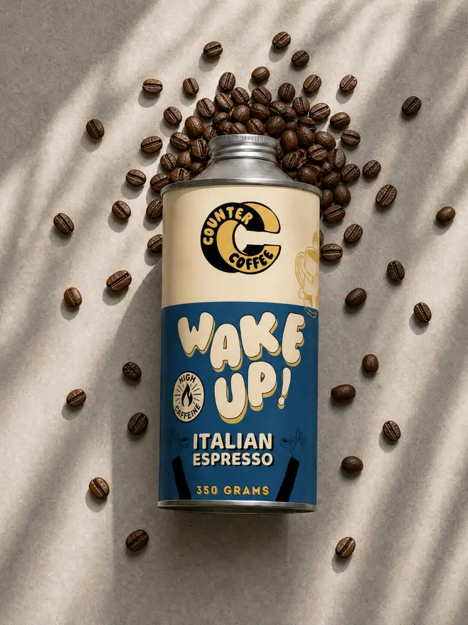 Wake Up! Espresso. A tin of espresso beans from Counter Coffee.