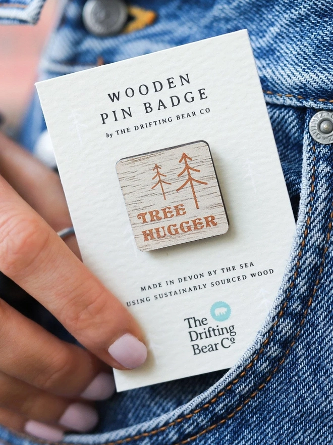 Drifting Bear Tree Hugger Wooden Pin Badge