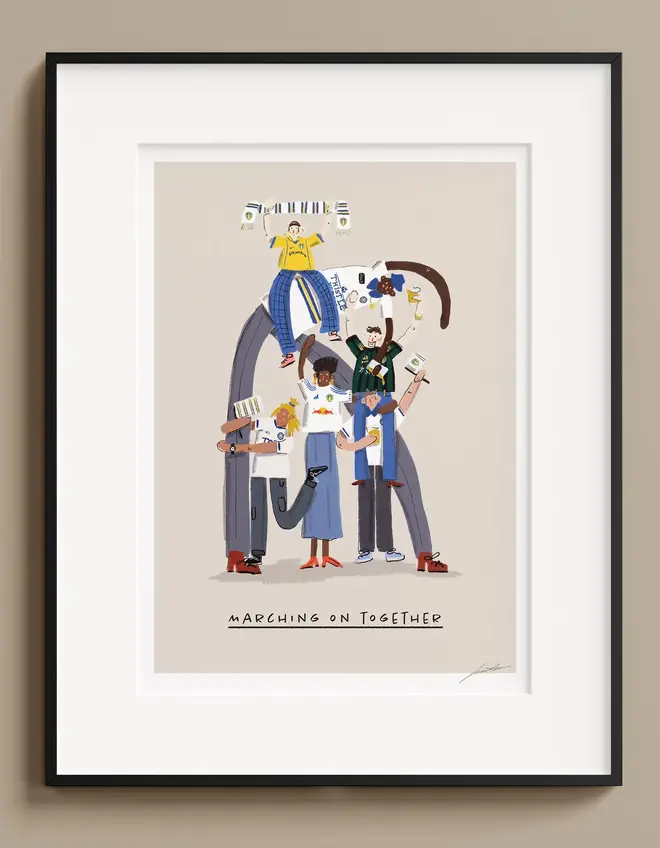 illustrated football team fan print. an illustrated image of football fans in leeds merchandise with a team quote.