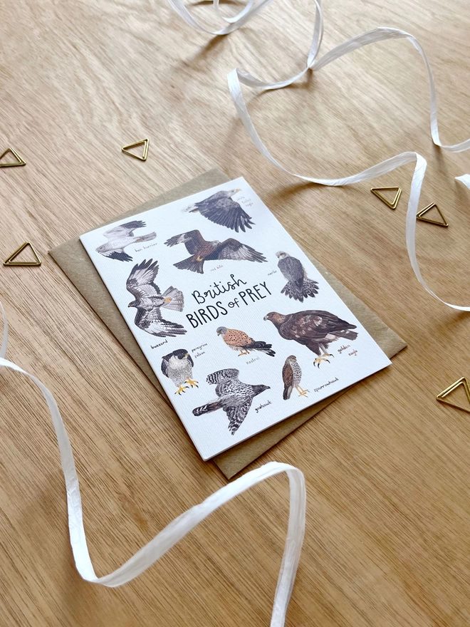 a greetings card featuring birds of prey found in britain and the words “British Birds of Prey”