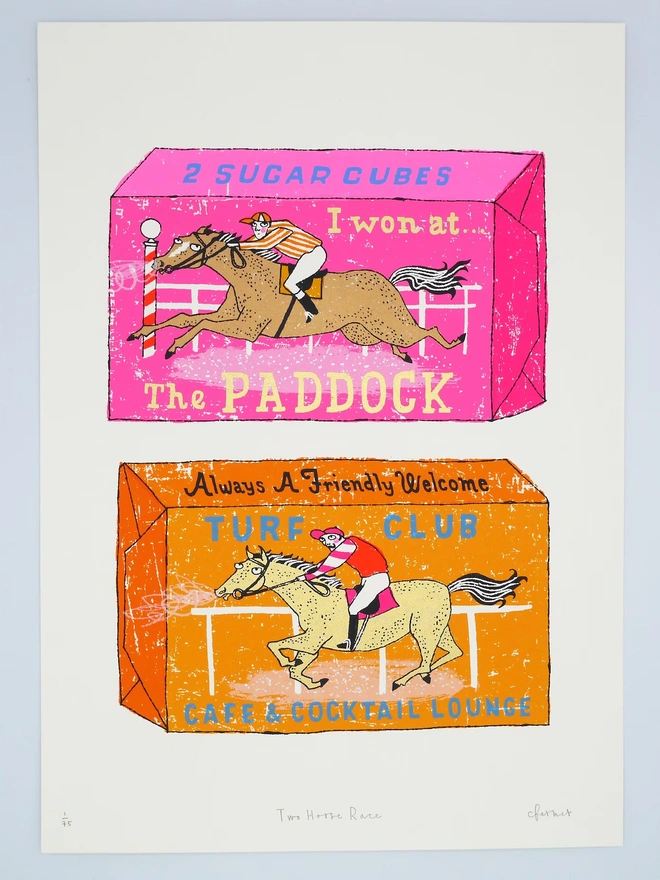 Two Horse Race Horse Sugar Cubes Screenprint, a pair of colourful sugar cube designs on a white screenprint. 