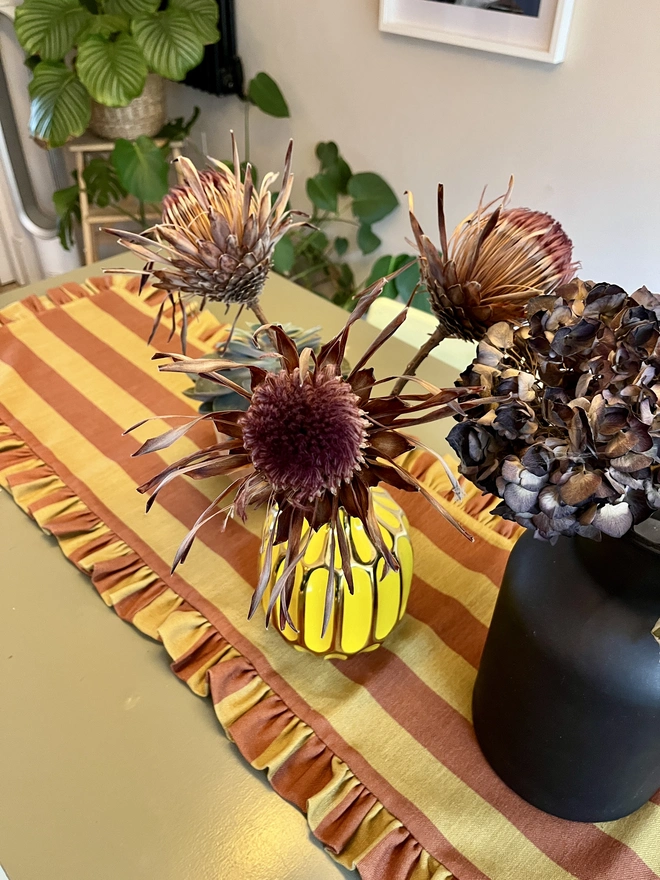 Rust and mustard stripe ruffled table runner 