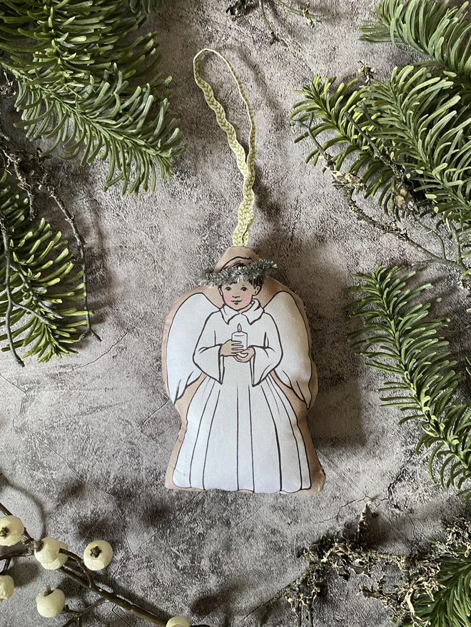 a boy angel christmas tree plush decoration hand sewn ribbon hanger tinsel halo