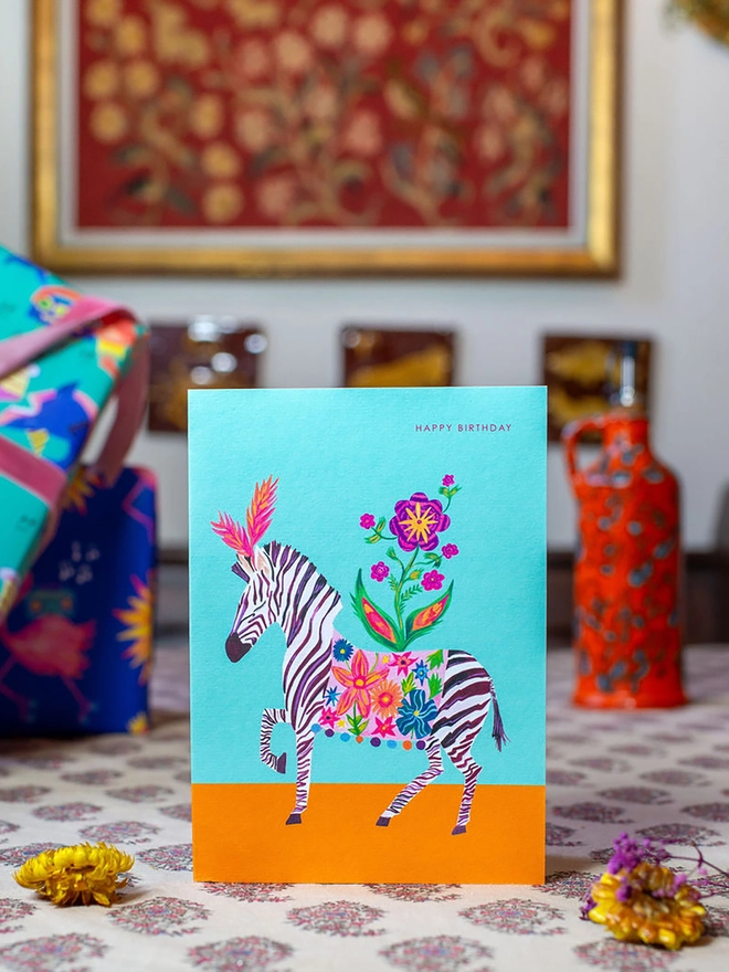 zebra flowers birthday card