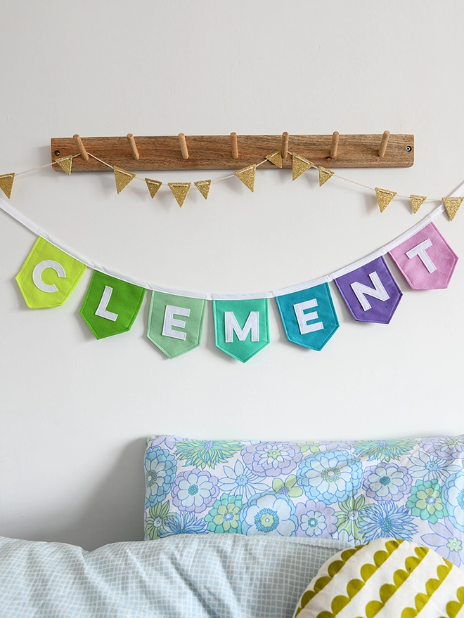 green and purple custom name bunting.