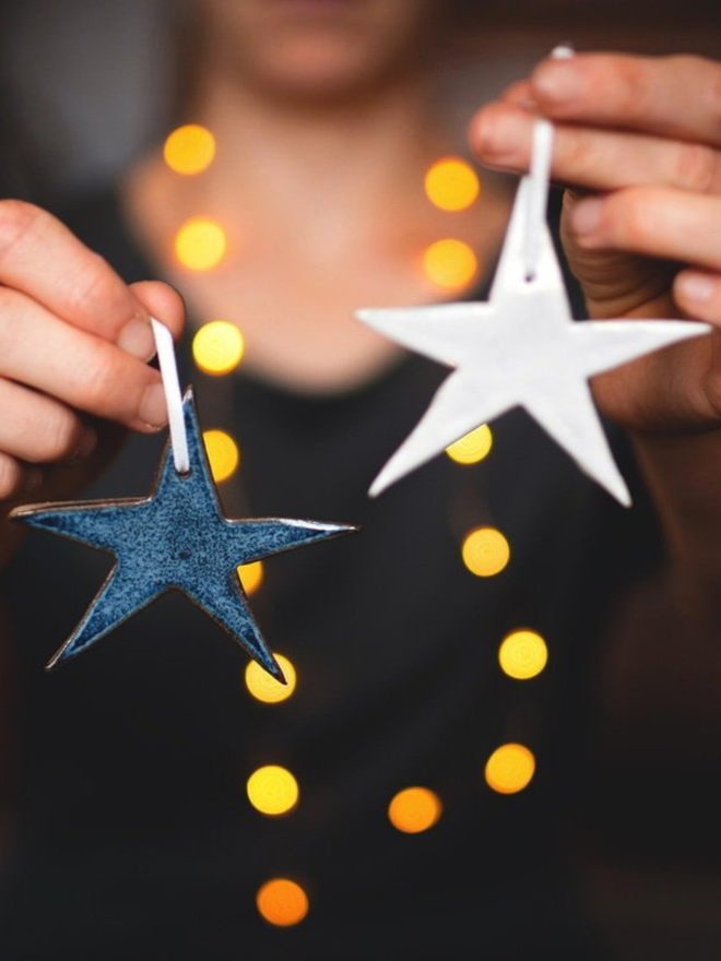 dark blue and white hanging star decorations