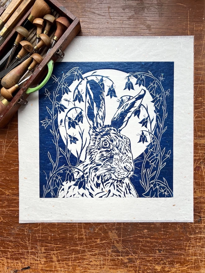 Harebells and hare linocut print 