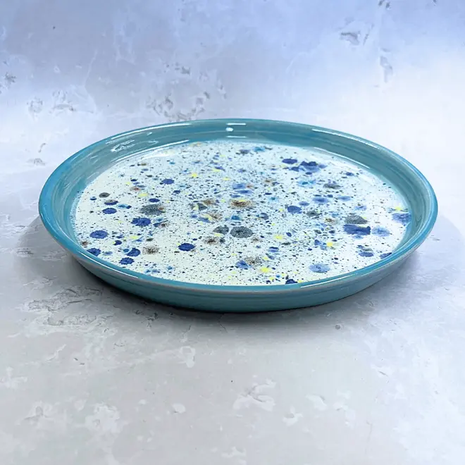 Shoreline Dinner Plate, a colourful plate placed on a stone surface. 