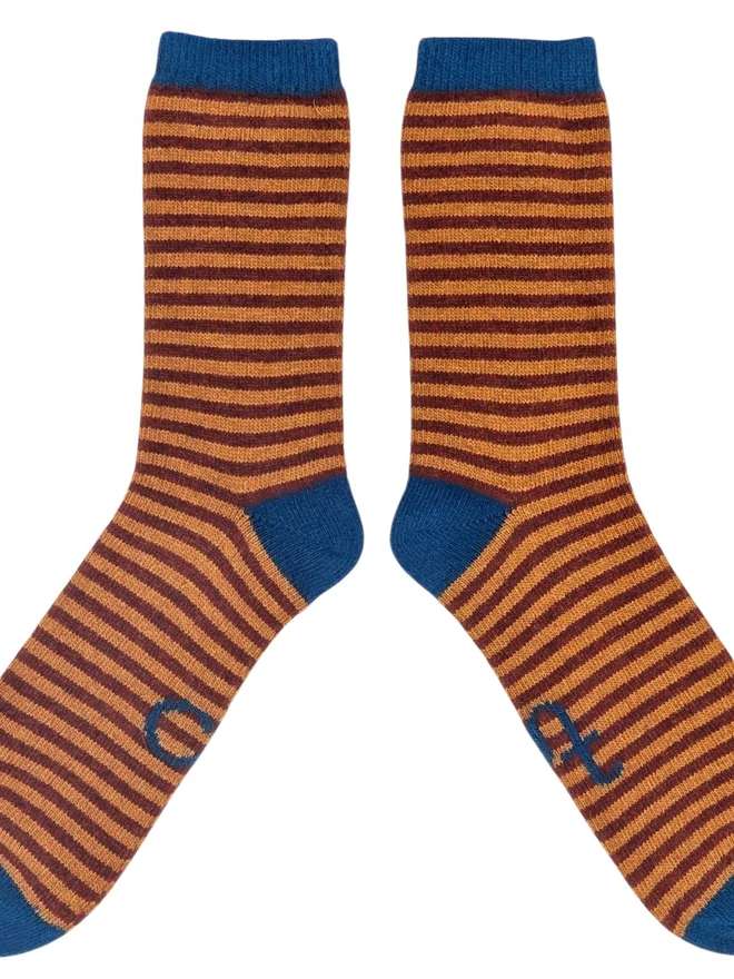 MENS WOOL ANKLE - STRIPE - DARK RED & RUST