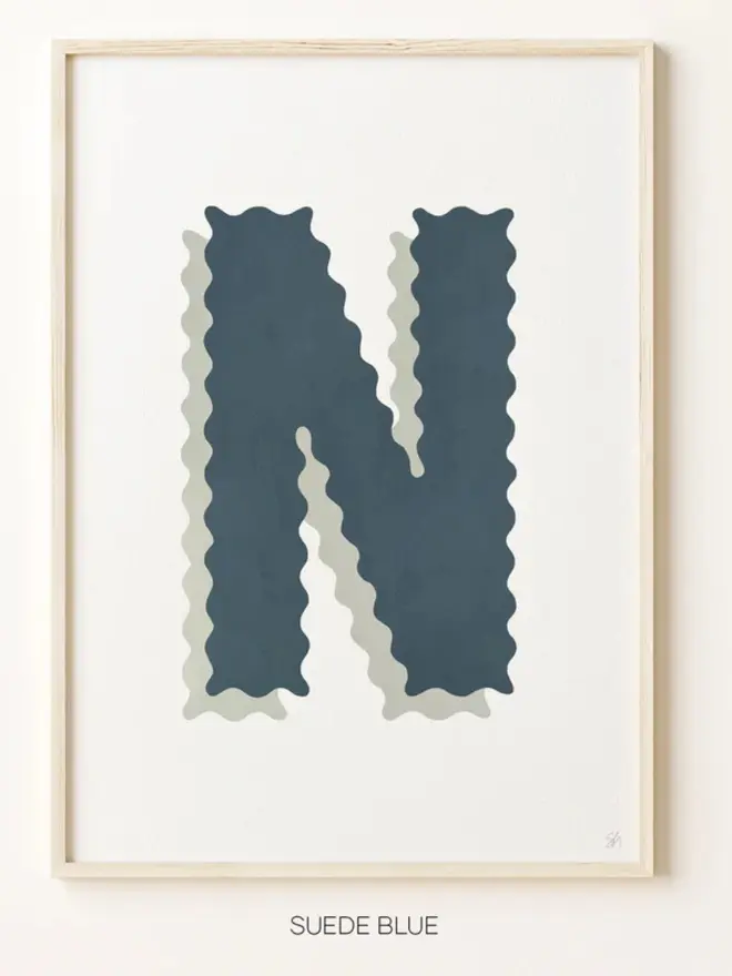 Framed wall art print featuring a large decorative letter “N” in soft daydream blue tones with a ric rac–style wavy edge design, centered on a white background. 
