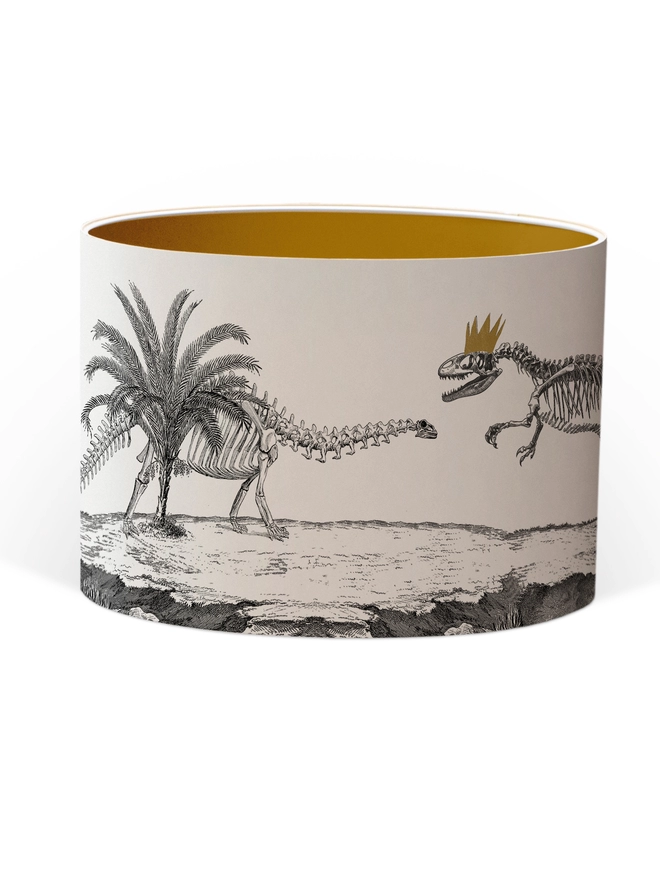 Drum Lampshade featuring Dinosaurs with a Gold inner on a white background