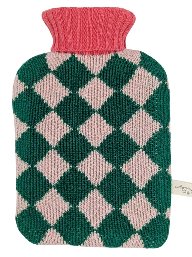 hot water bottle cover with green and light pink check pattern, pink rib neck
