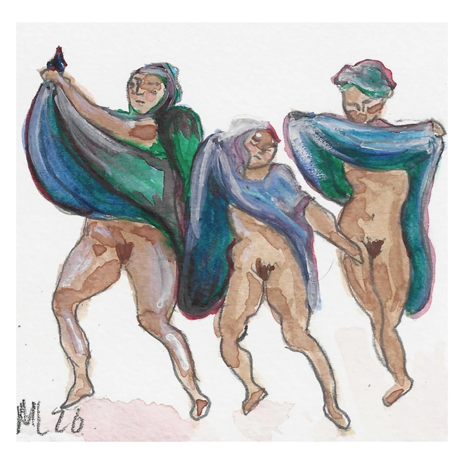 watercolour art piece of three women