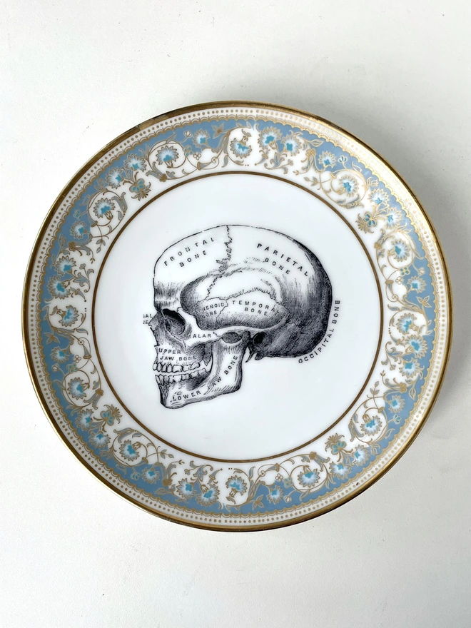 an ornate vintage plate with the image of a skull in the centre