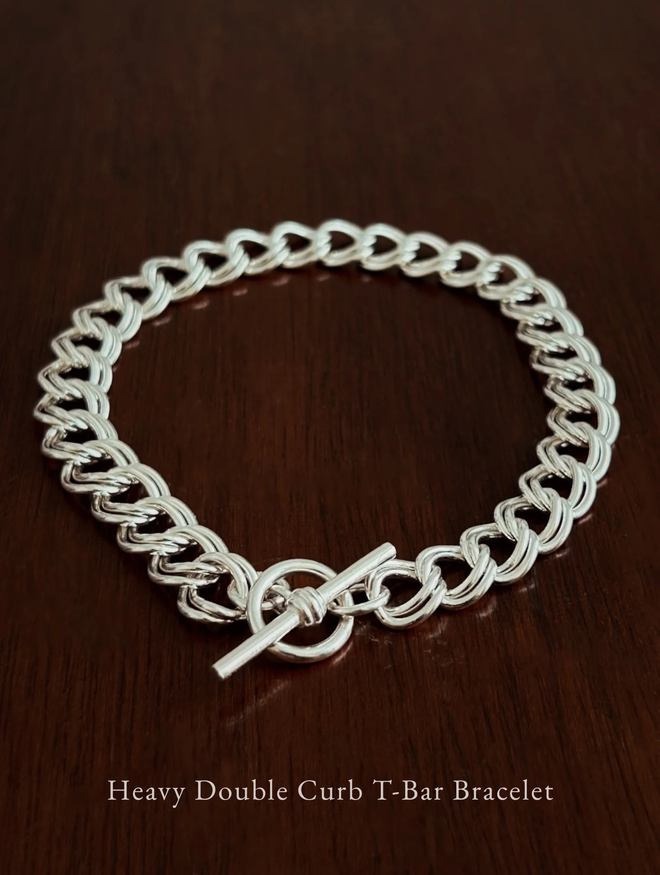Heavy Double Curb T-Bar Bracelet - Sterling Silver 925