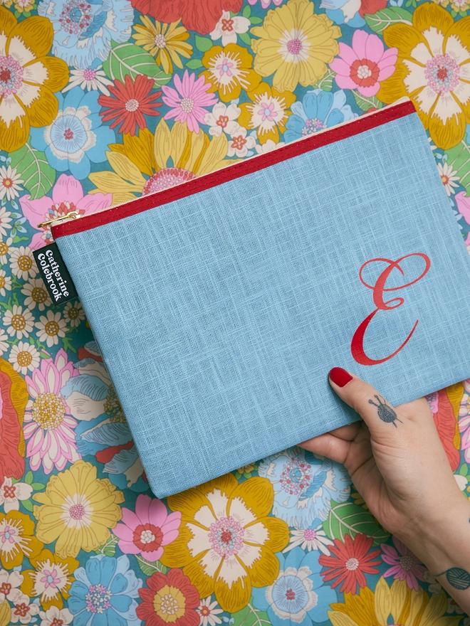 CATHERINE COLEBROOK BLUE LINEN PURSE - CALLIGRAPHY INITIAL