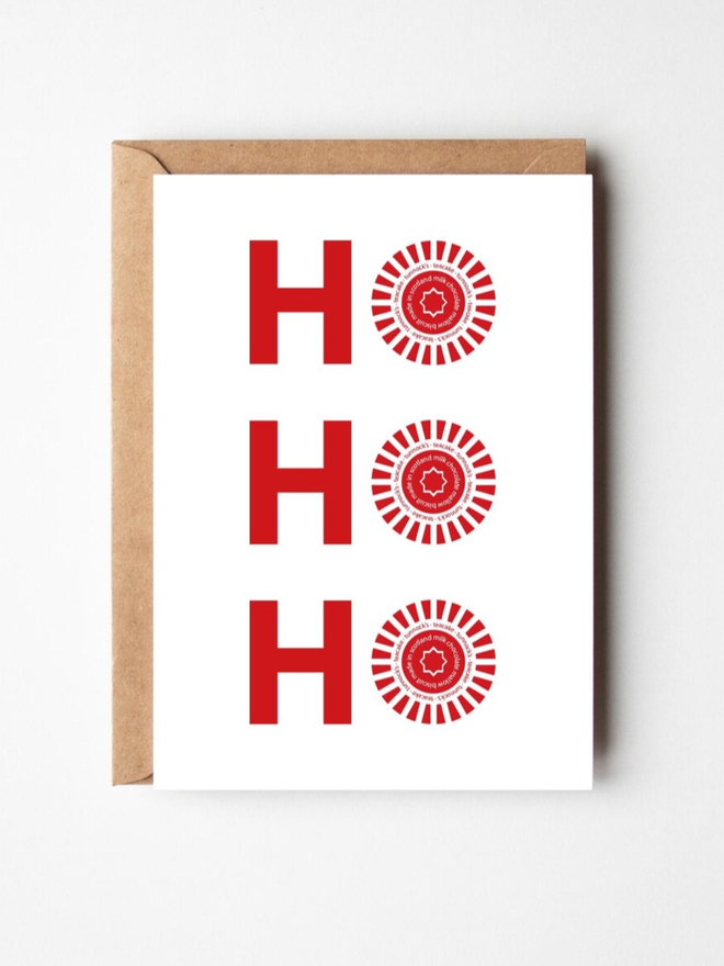 Ho Ho Ho Christmas Teacake Card. A Christmas card with HO HO HO written, the Os of which are teacakes.