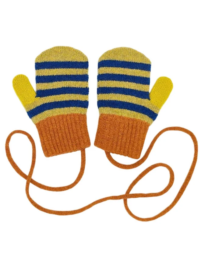 Green And Blue Striped Kids Mittens With A String