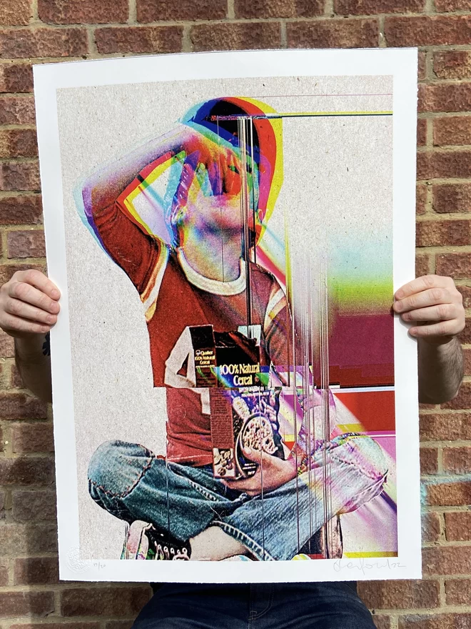 Collage artwork "Quaker" Hand Pulled Screen Print depicting a young boy eating cereal with a glitch like look and mixture of old and new 