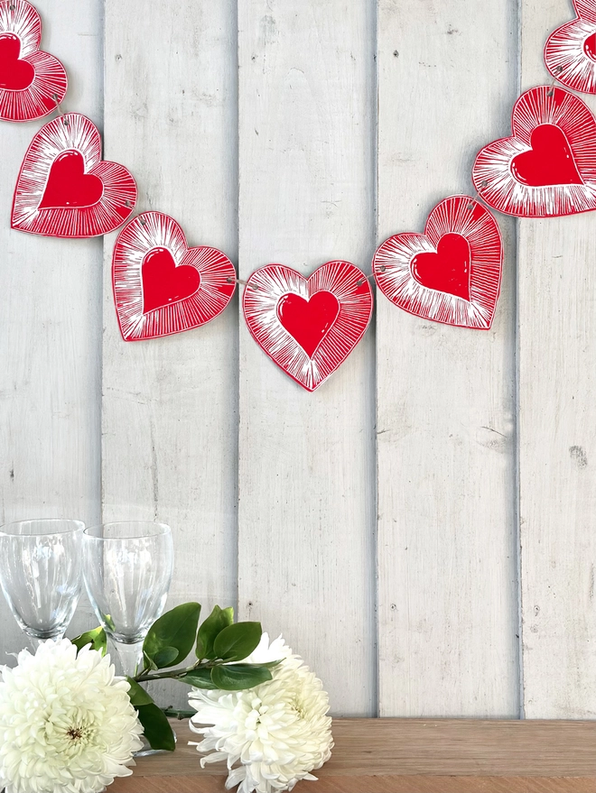 Love Heart Garland Hand Printed Linocut Bunting Decoration