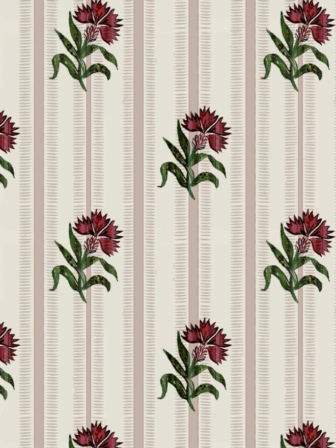vintage dianthus illustrated wall paper. a cream striped wallpaper with illustrated dianthus flowers.