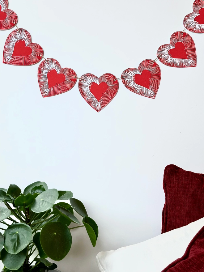 Love Heart Garland Hand Printed Linocut Bunting Decoration