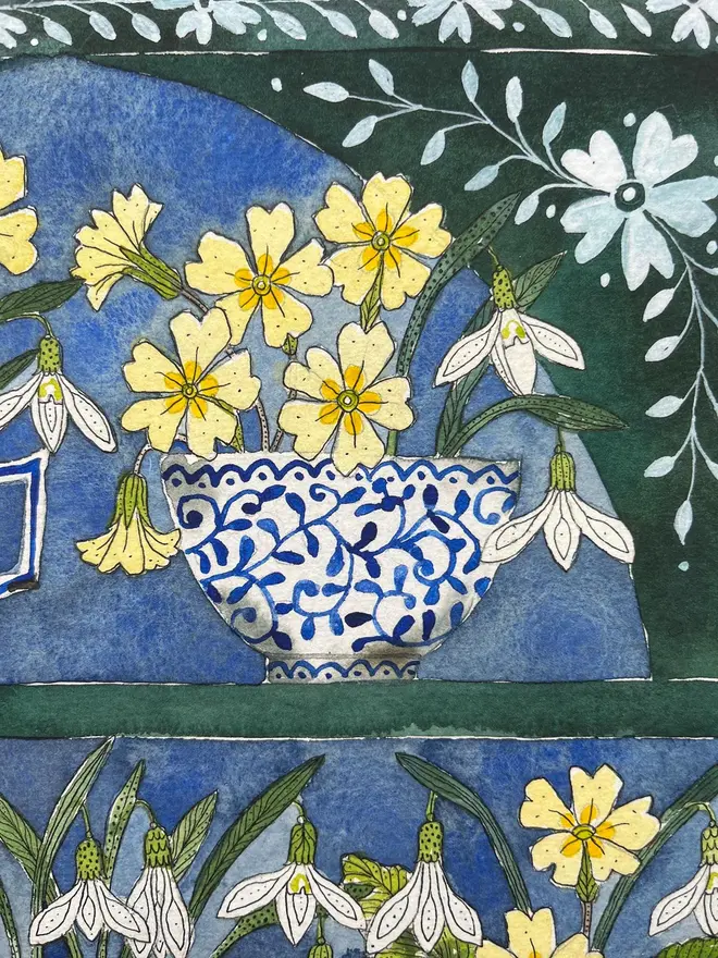 Snowdrops and primroses in delftware, ceramic mugs displayed in a plant Theatre print