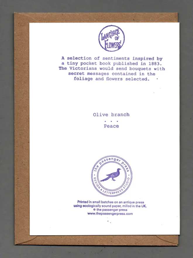View of back of card and text printed thereupon: "Language of Flowers. A selection of sentiments inspired by a tiny pocket book published in 1883. The Victorians would send bouquets with secret messages contained in the foliage and flowers selected. Olive Brance - Peace.
