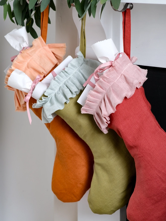 handmade linen christmas stockings with soft ruffle cuff