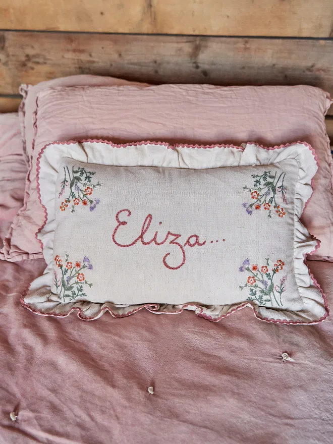 Linen Cushion With Embroidered Floral Border And Ruffle Trim