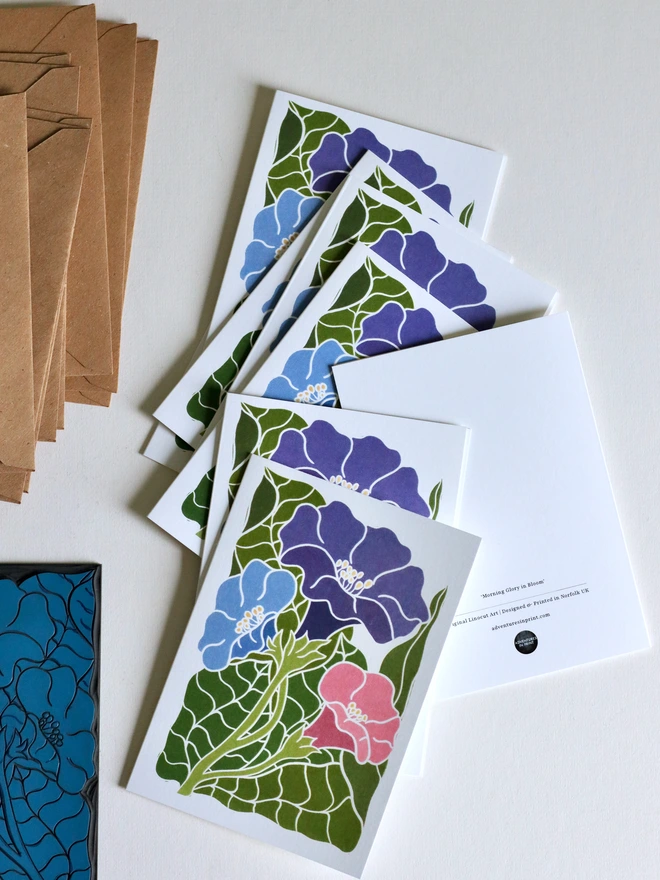   Morning Glory in Bloom notecards in vibrant purple, blue and pink with hand-carved linocut design on white card stock with kraft envelopes
